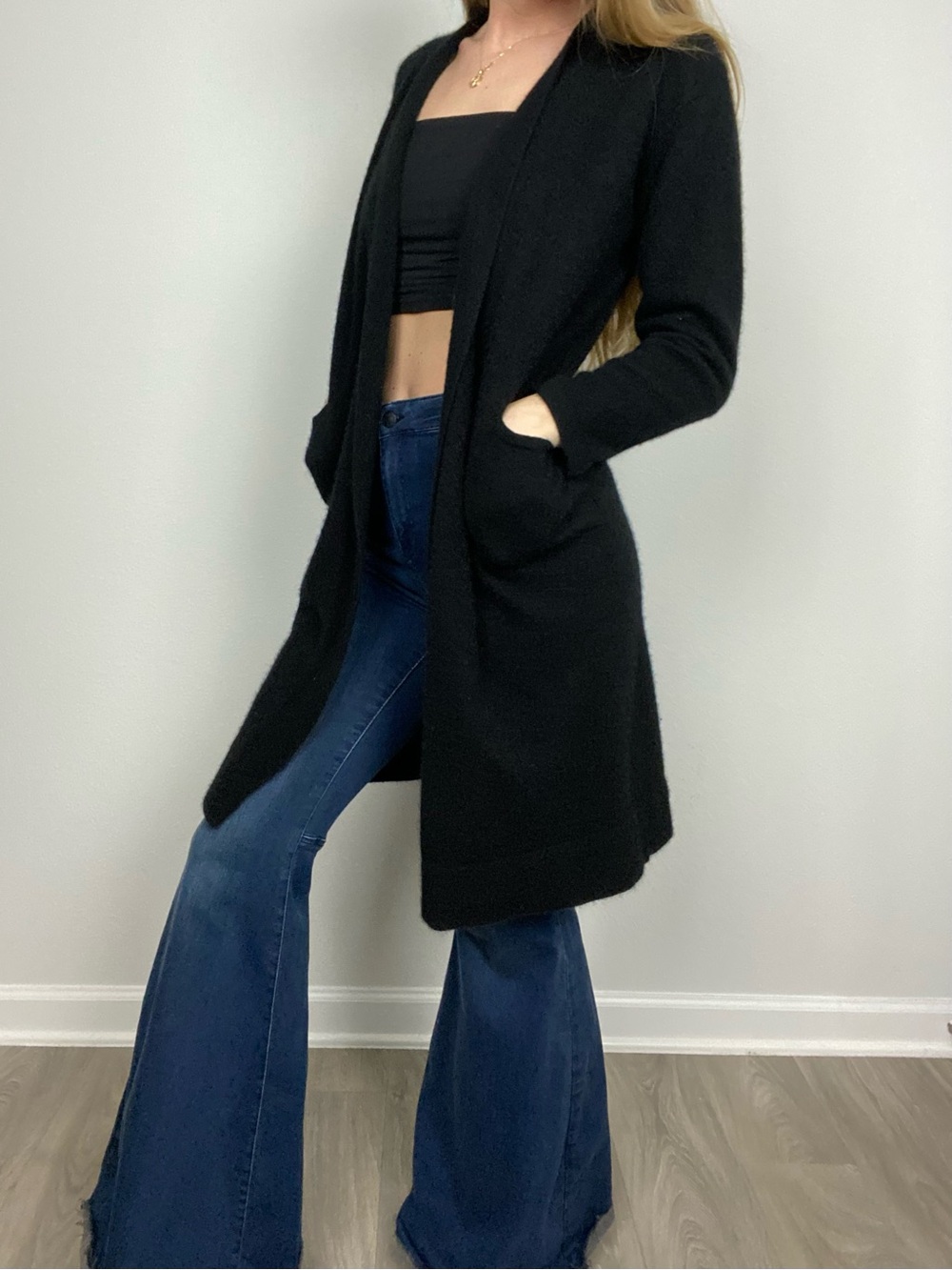 Quince 100% Cashmere Black Long Sleeve Open Front Cardigan Duster with Pockets
